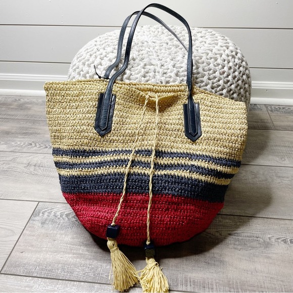 J. Crew Handbags - NWT J.Crew Striped Double Handle Straw Market Tote Bag Natural Multi